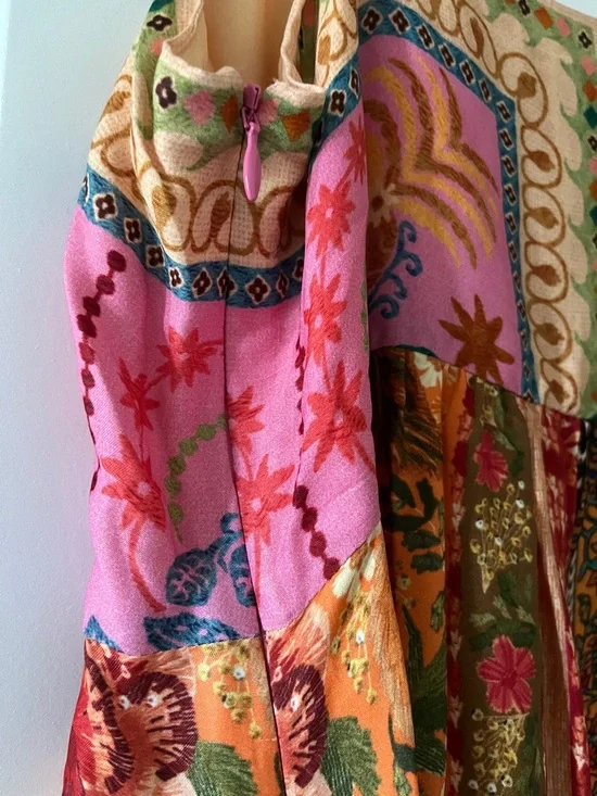 🩷💫FARM RIO DRESS💚✨🩵 Multicolor Patchwork Midi Dress with Spaghetti Straps💛 - Picture 9 of 12